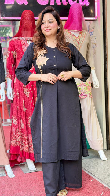 Midnight Black Floral Embroidered Straight Kurta Pant Set