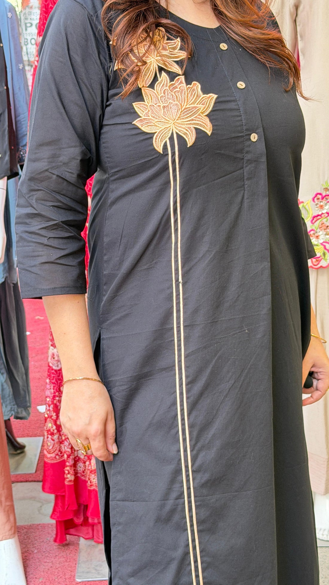 Midnight Black Floral Embroidered Straight Kurta Pant Set