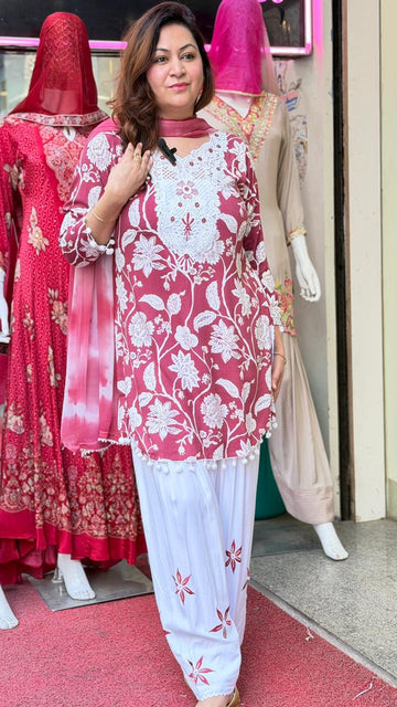 Rose Pink Floral Printed Kurta Set with White Palazzo & Dupatta