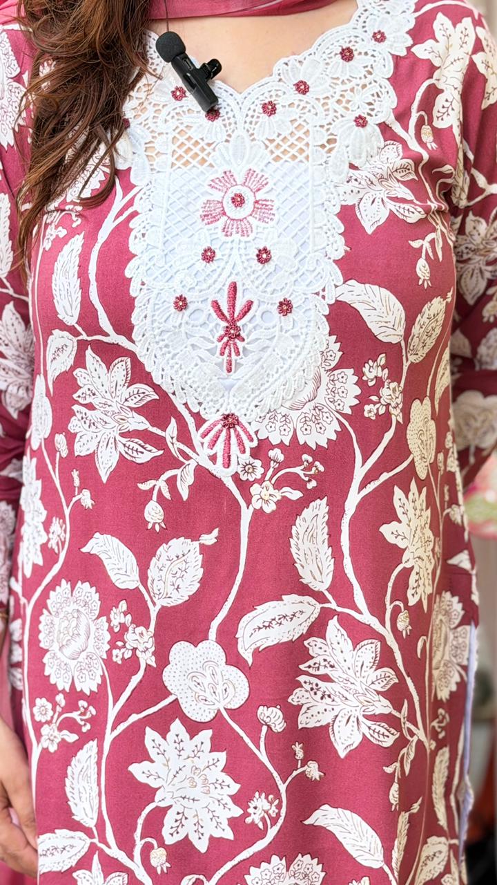 Rose Pink Floral Printed Kurta Set with White Palazzo & Dupatta