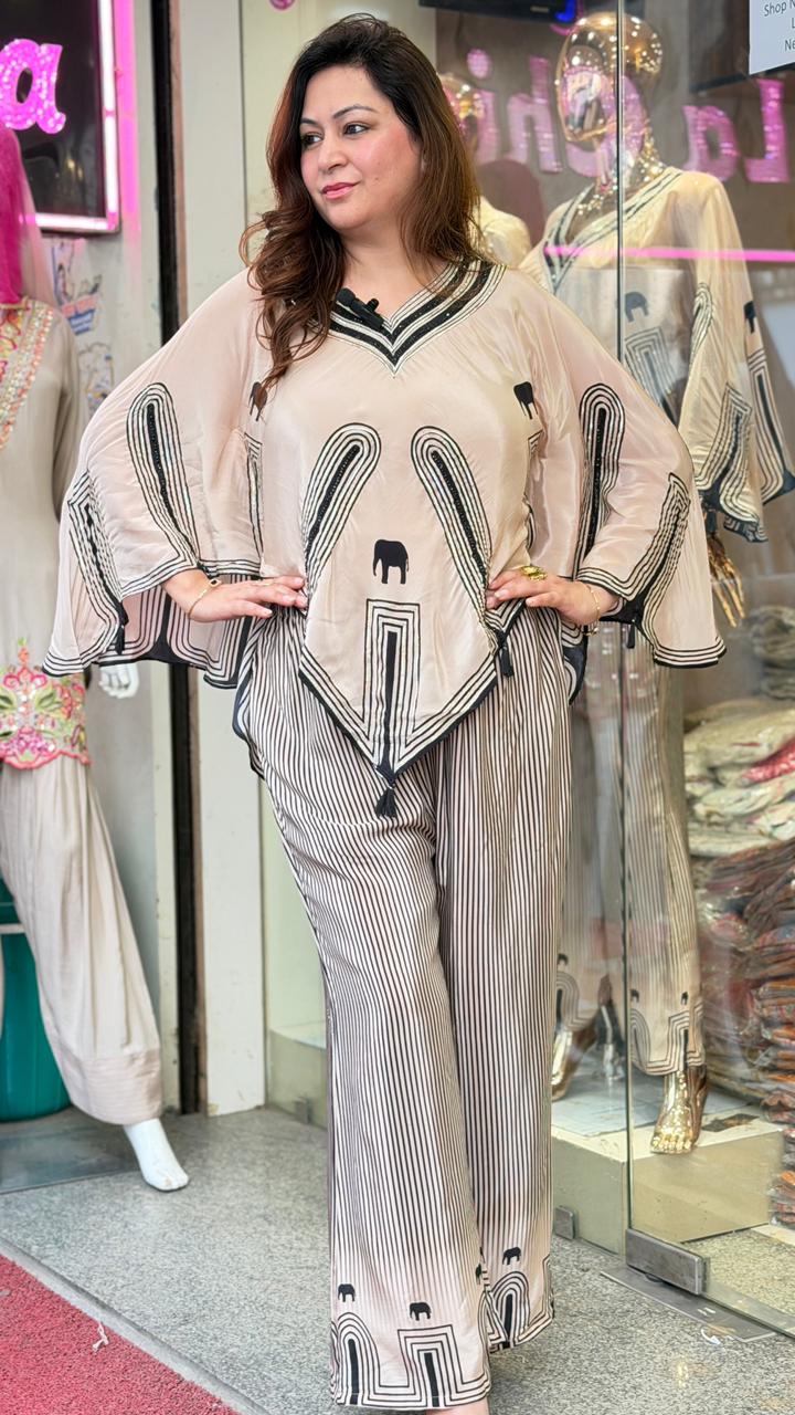 Beige Geometric Printed Kaftan Co-Ord Set with Wide-Leg Pants