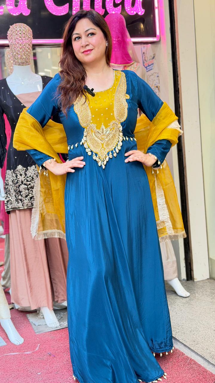 Teal & Mustard Embroidered Anarkali Dress with Dupatta