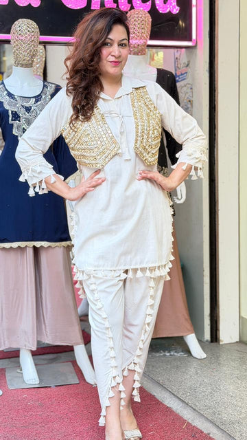 Ivory Elegance Tassel Co-Ord Set with Golden Embroidered Jacket