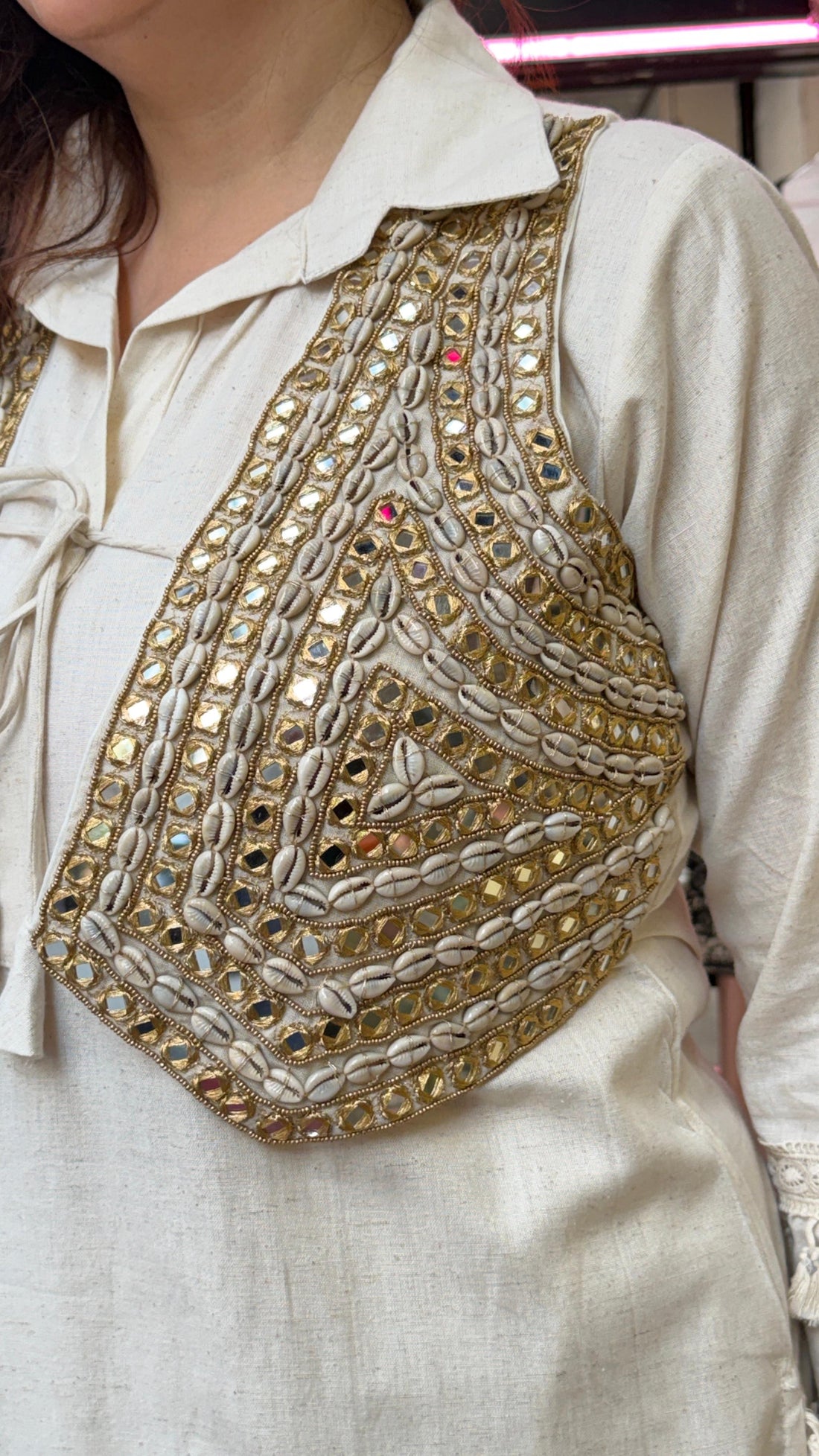 Ivory Elegance Tassel Co-Ord Set with Golden Embroidered Jacket