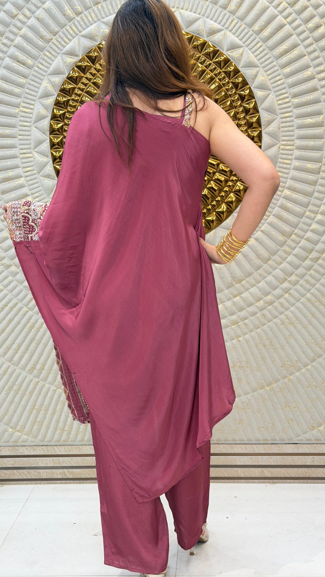 Wine Whisper Pure Crepe Draped Co-Ord Set