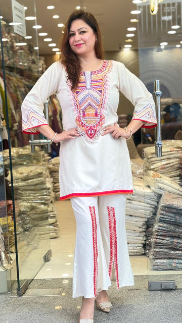 Elegant Embroidered Kurta Flared Pants Set