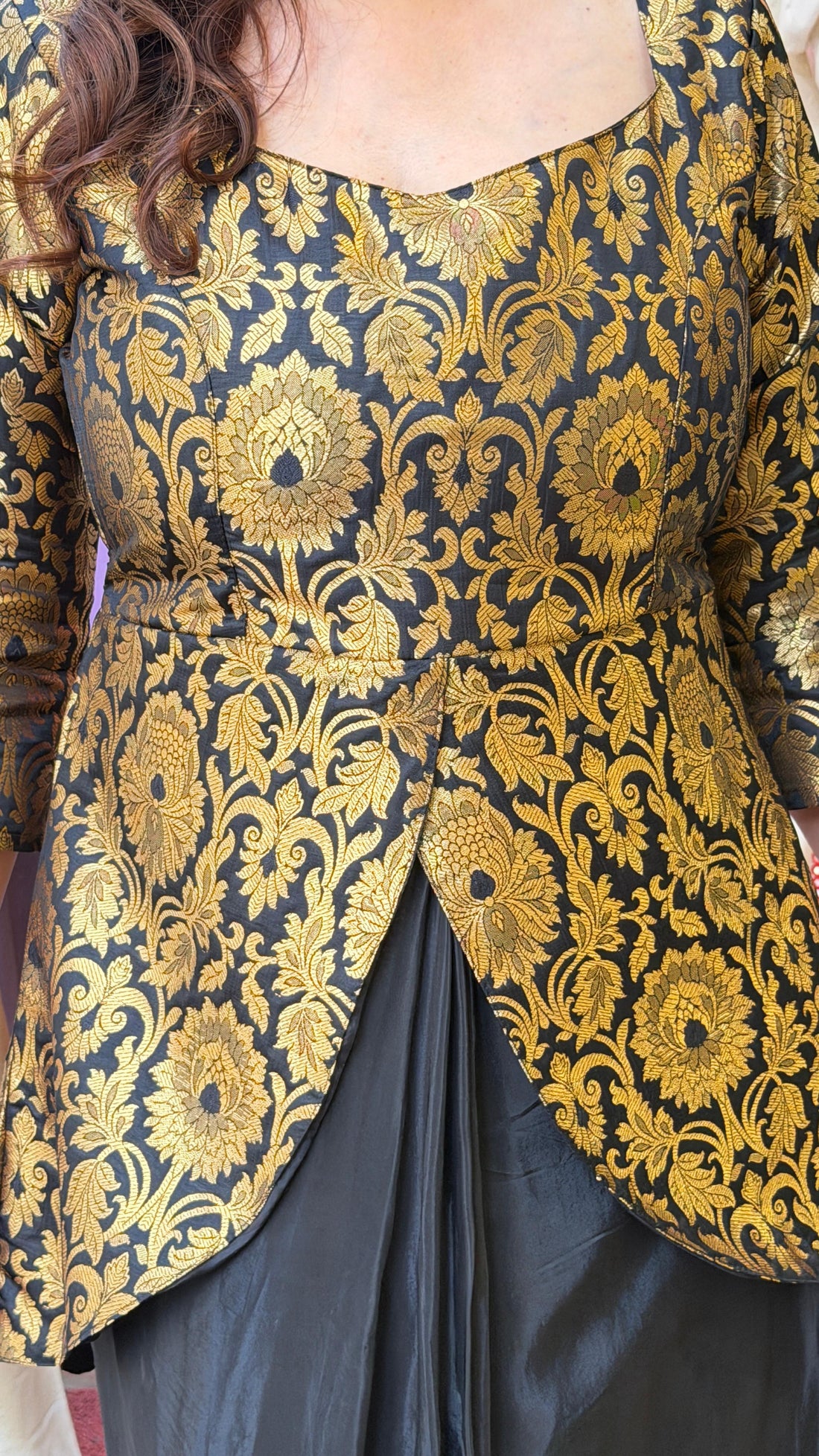 Royal Black & Gold Brocade Peplum Top with Flared Palazzo