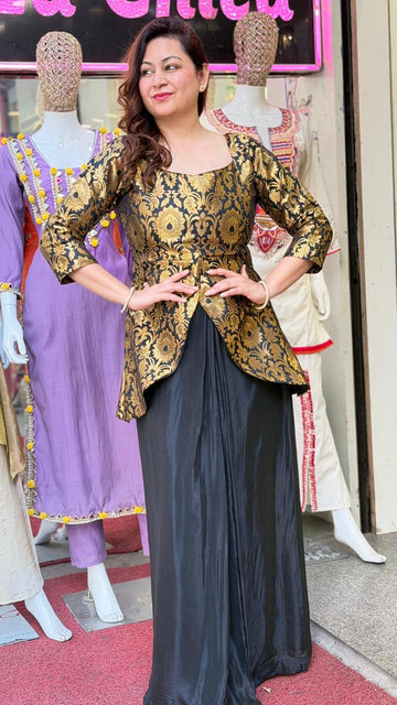 Royal Black & Gold Brocade Peplum Top with Flared Palazzo